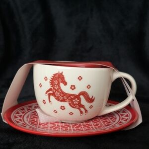 NWT Chinese Zodiac Year of The Horse Red & White Teacup & Saucer Sunday Morning